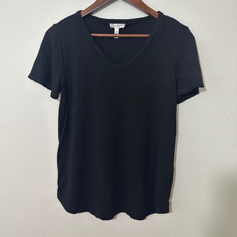 Jessica Simpson Womens Black V-Neck Short Sleeve T-Shirt Curved Hem Small